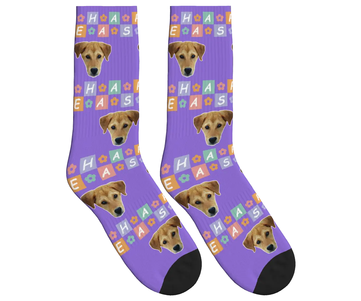 Happy Easter Dog Face Socks - Purple / Crew Socks