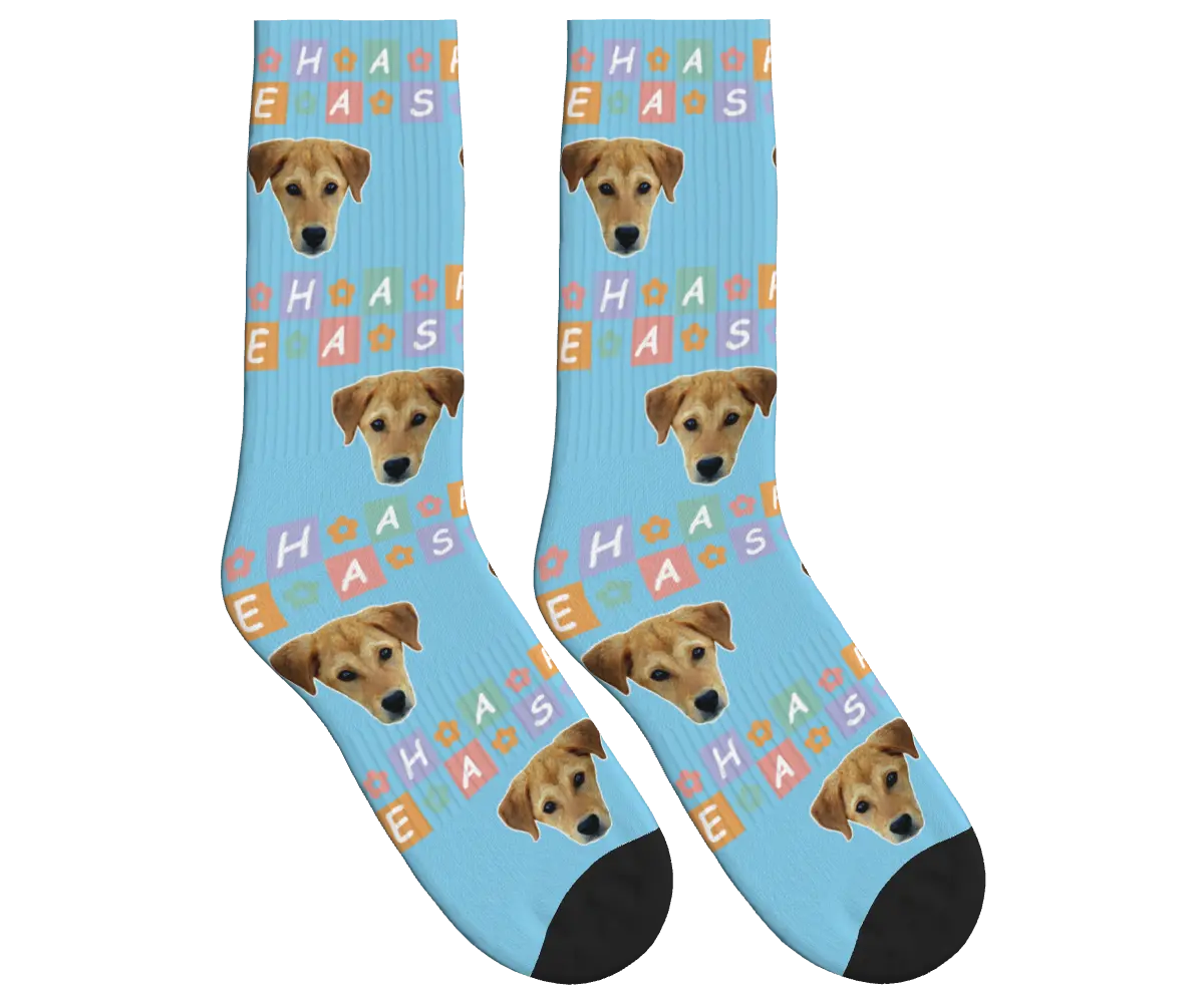 Happy Easter Dog Face Socks - Sky Blue / Crew Socks