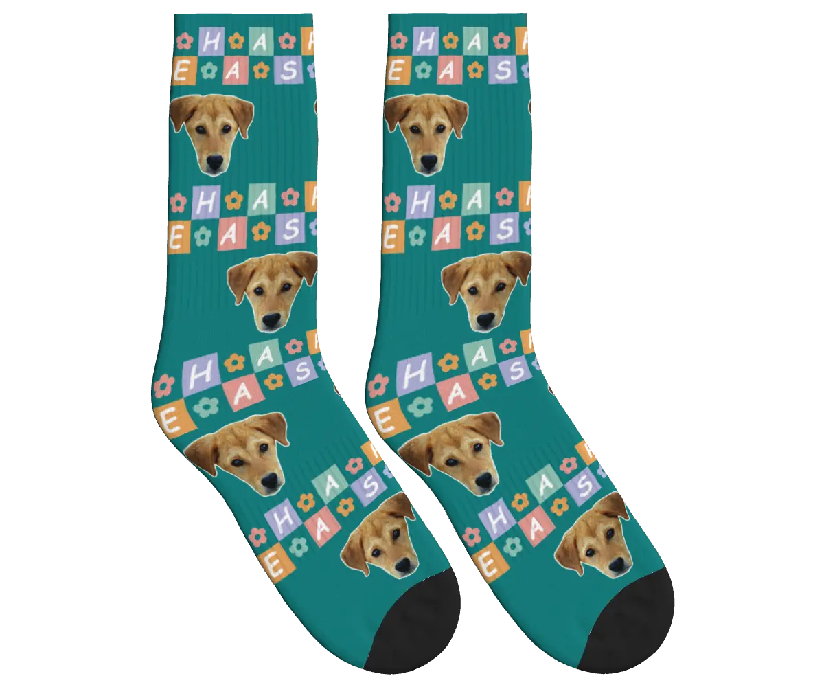 Happy Easter Dog Face Socks - Teal / Crew Socks