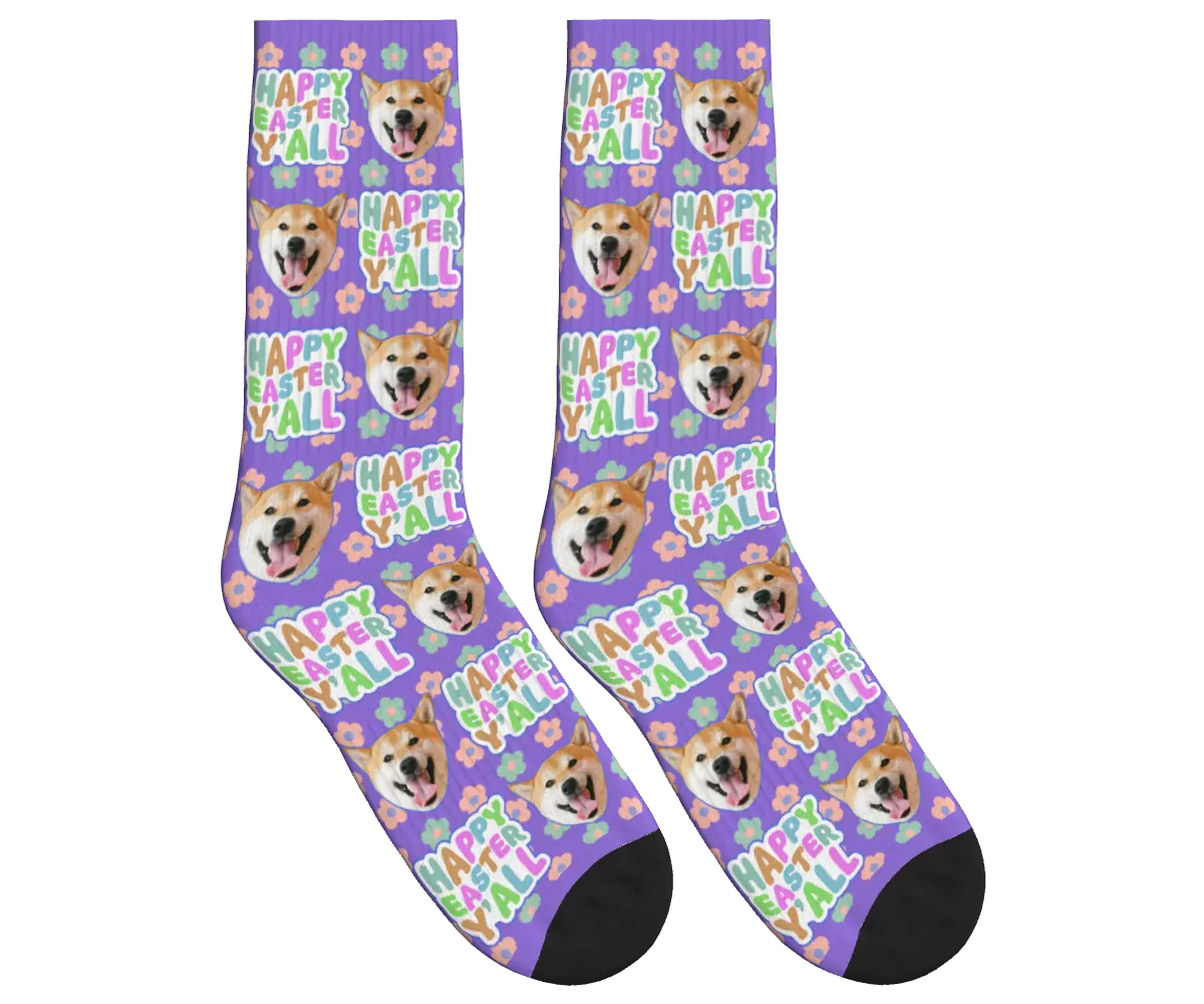 “Happy Easter Y’all” Socks with Dog Faces - Purple / Crew Socks