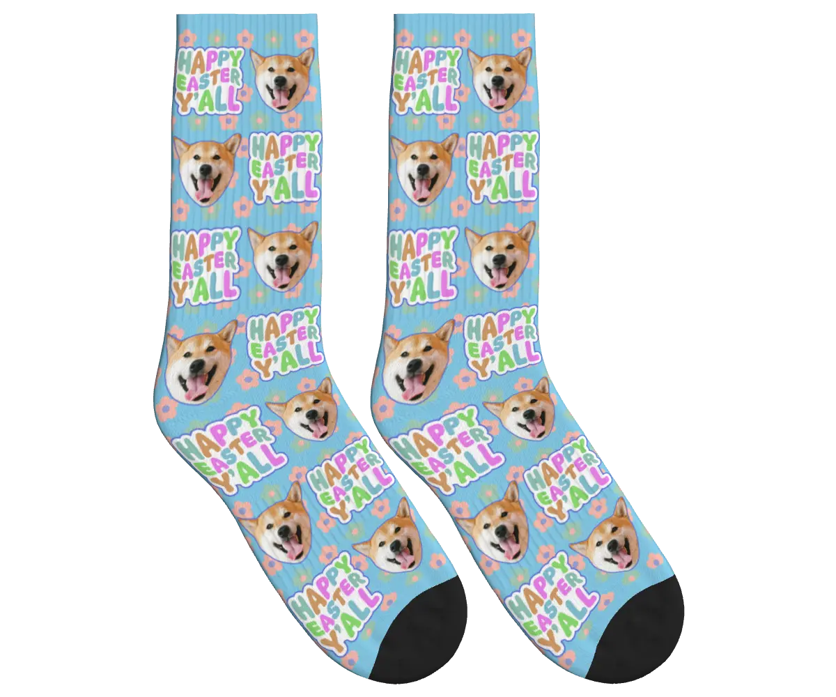 “Happy Easter Y’all” Socks with Dog Faces - Sky Blue / Crew Socks