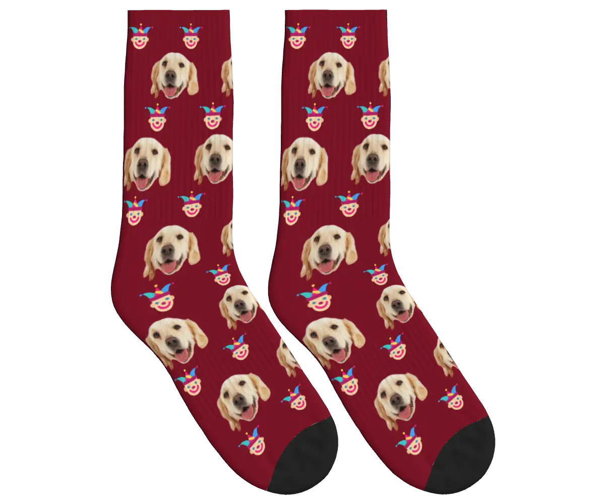 Jester & Dog Face Socks - Burgundy / Crew Socks