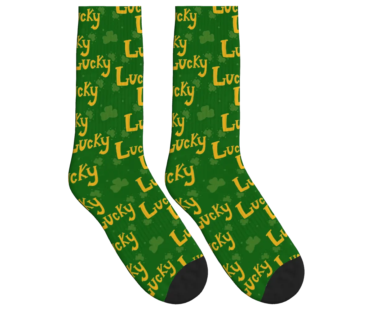 Lucky Text & Shamrocks Socks - Green / Crew Socks