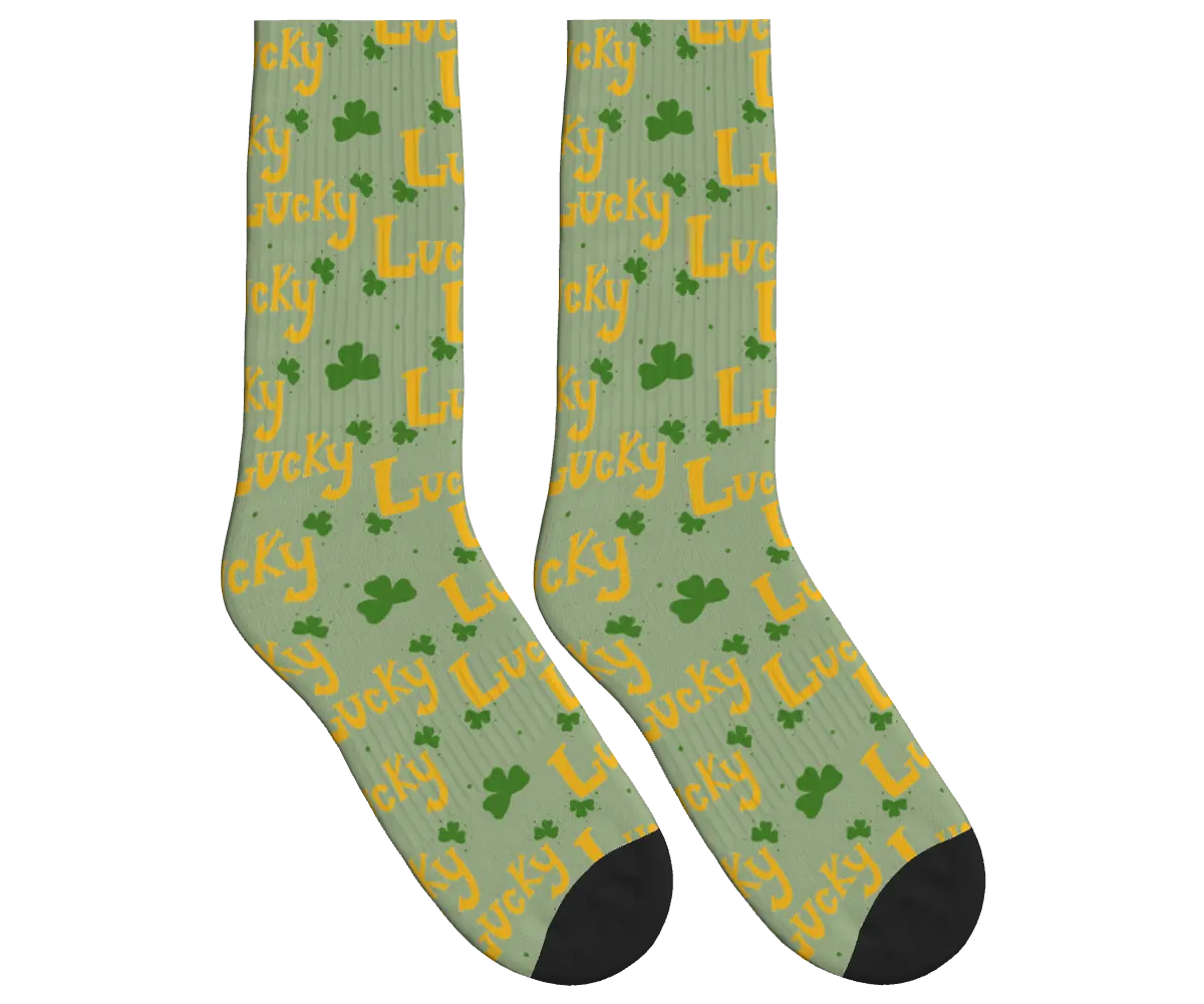 Lucky Text & Shamrocks Socks - Sage Green / Crew Socks