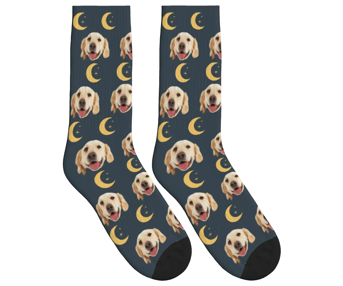 Moons & Pup Faces Socks - Charcoal Gray / Crew Socks