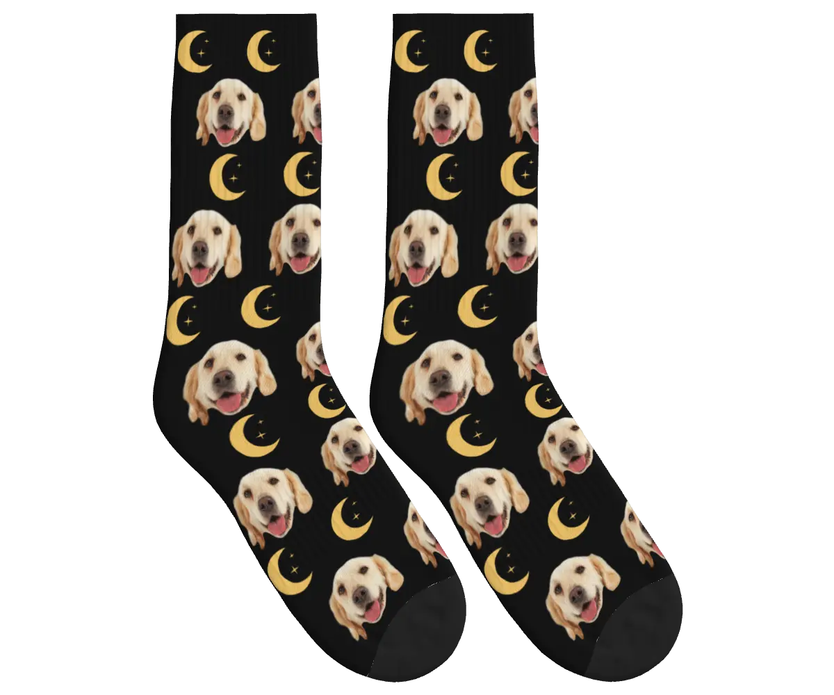 Moons & Pup Faces Socks - Black / Crew Socks