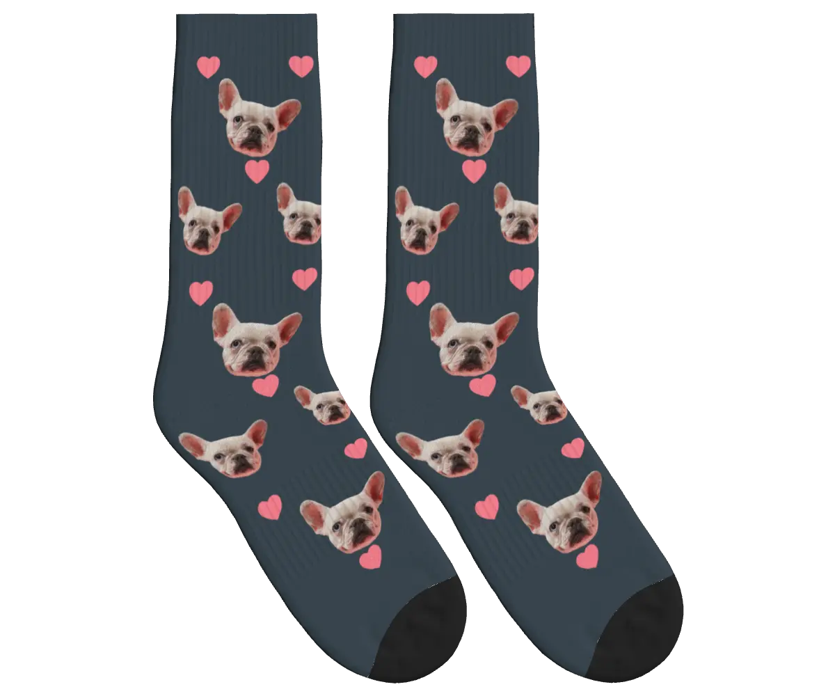 Pink Hearts & Dog Face Socks - Charcoal Gray / Crew Socks