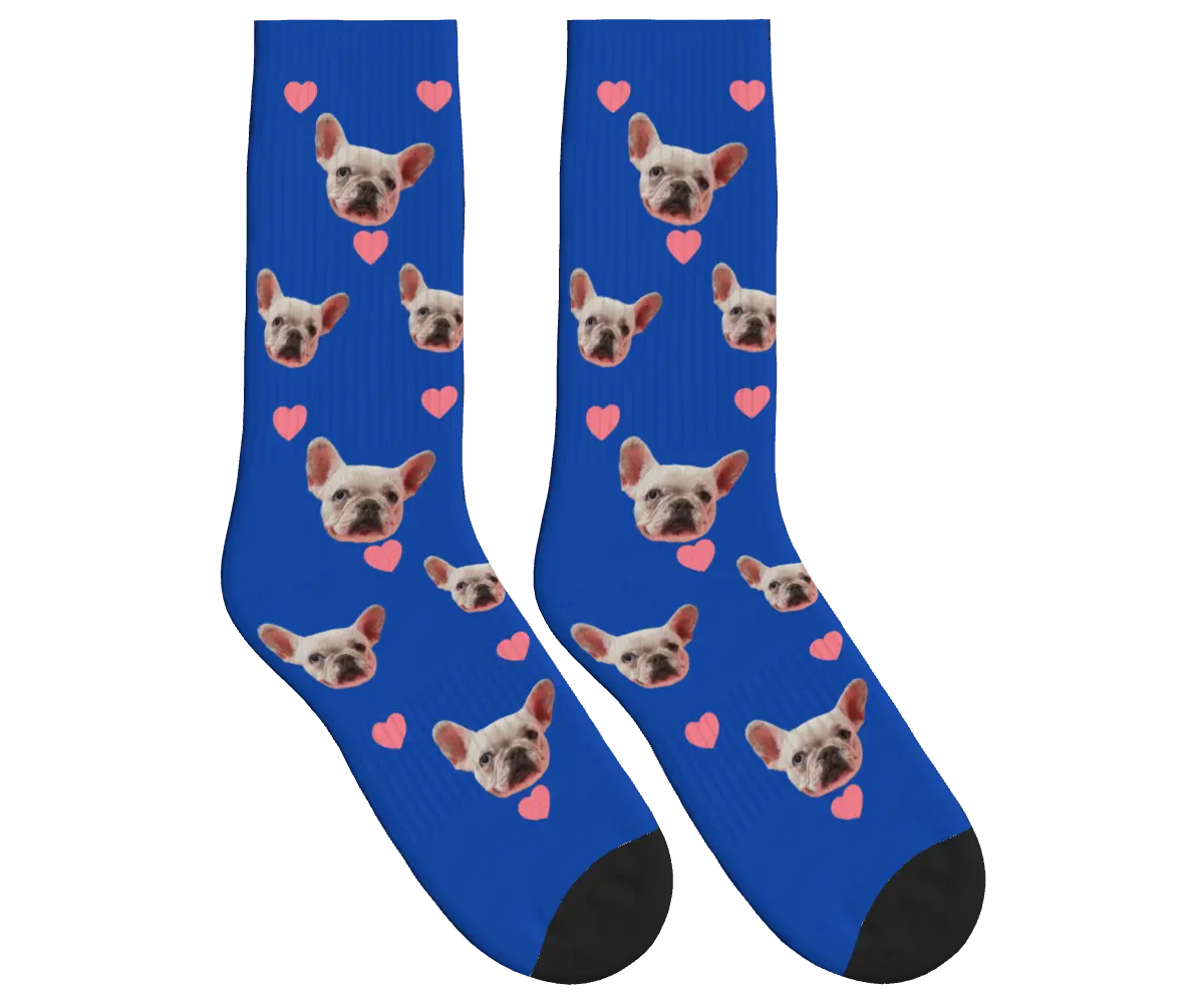 Pink Hearts & Dog Face Socks - Cobalt Blue / Crew Socks