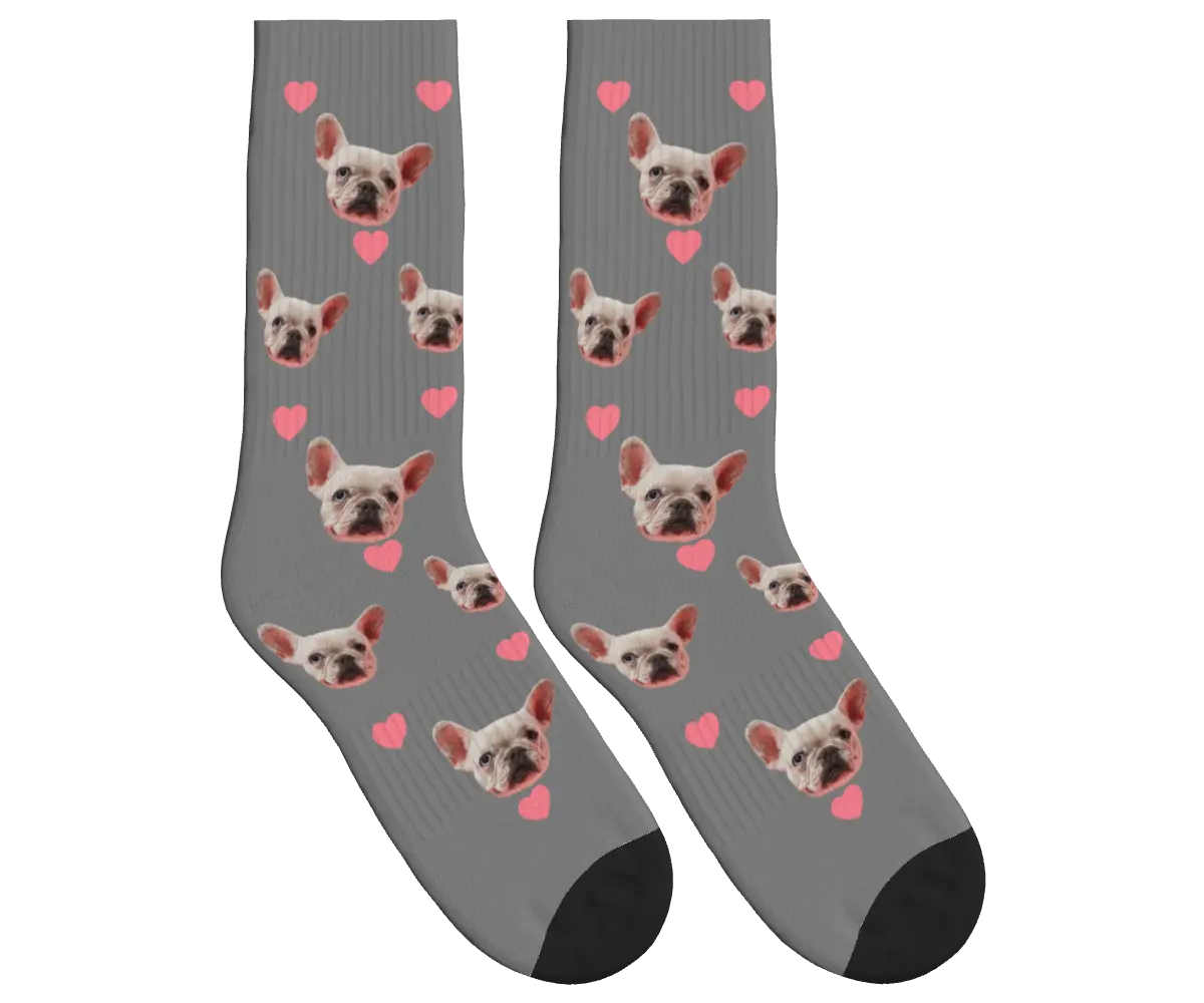 Pink Hearts & Dog Face Socks - Gray / Crew Socks