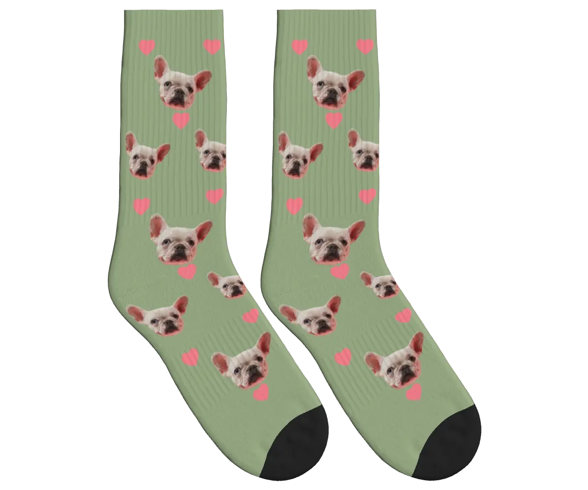 Pink Hearts & Dog Face Socks - Sage Green / Crew Socks