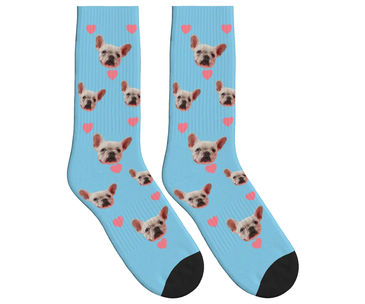 Pink Hearts & Dog Face Socks - Sky Blue / Crew Socks