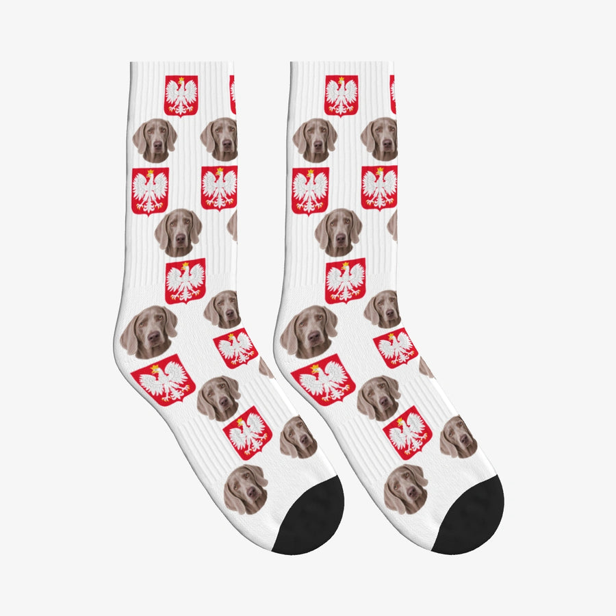 Polish Eagle Dog Face Socks in White with a custom dog photo
