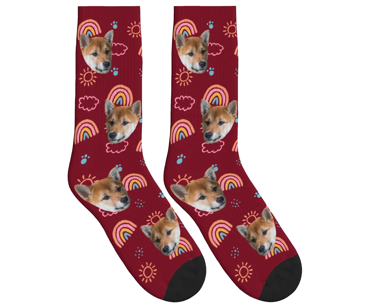 Puppy Face Socks with Rainbows, Sun & Clouds - Burgundy / Crew Socks