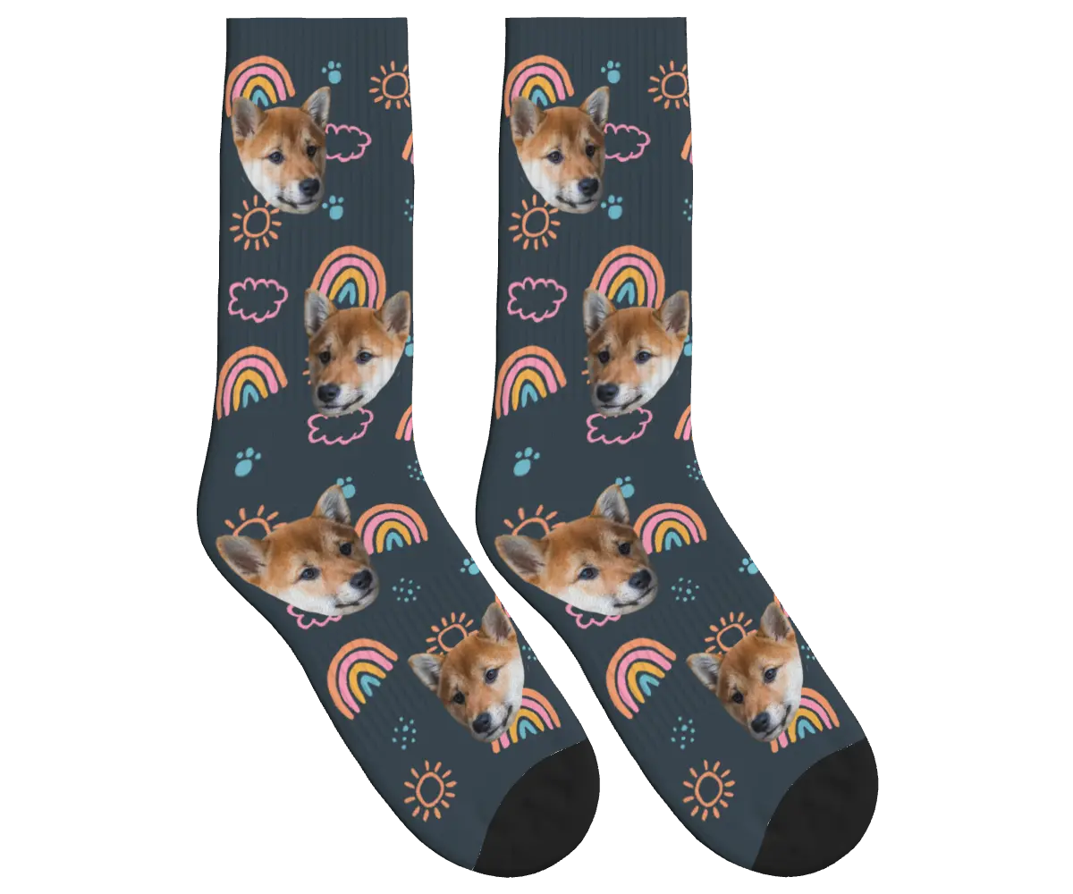 Puppy Face Socks with Rainbows, Sun & Clouds - Charcoal Gray / Crew Socks