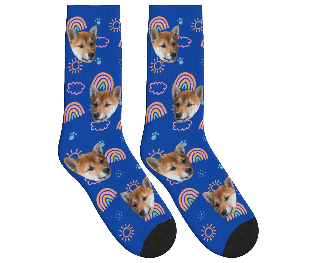 Puppy Face Socks with Rainbows, Sun & Clouds - Cobalt Blue / Crew Socks