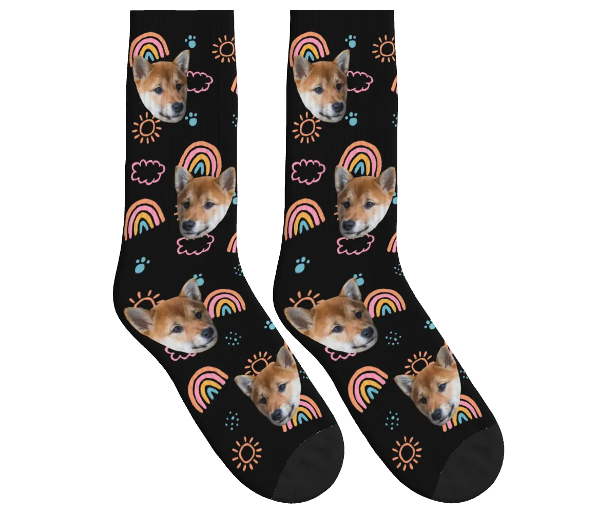 Puppy Face Socks with Rainbows, Sun & Clouds - Black / Crew Socks