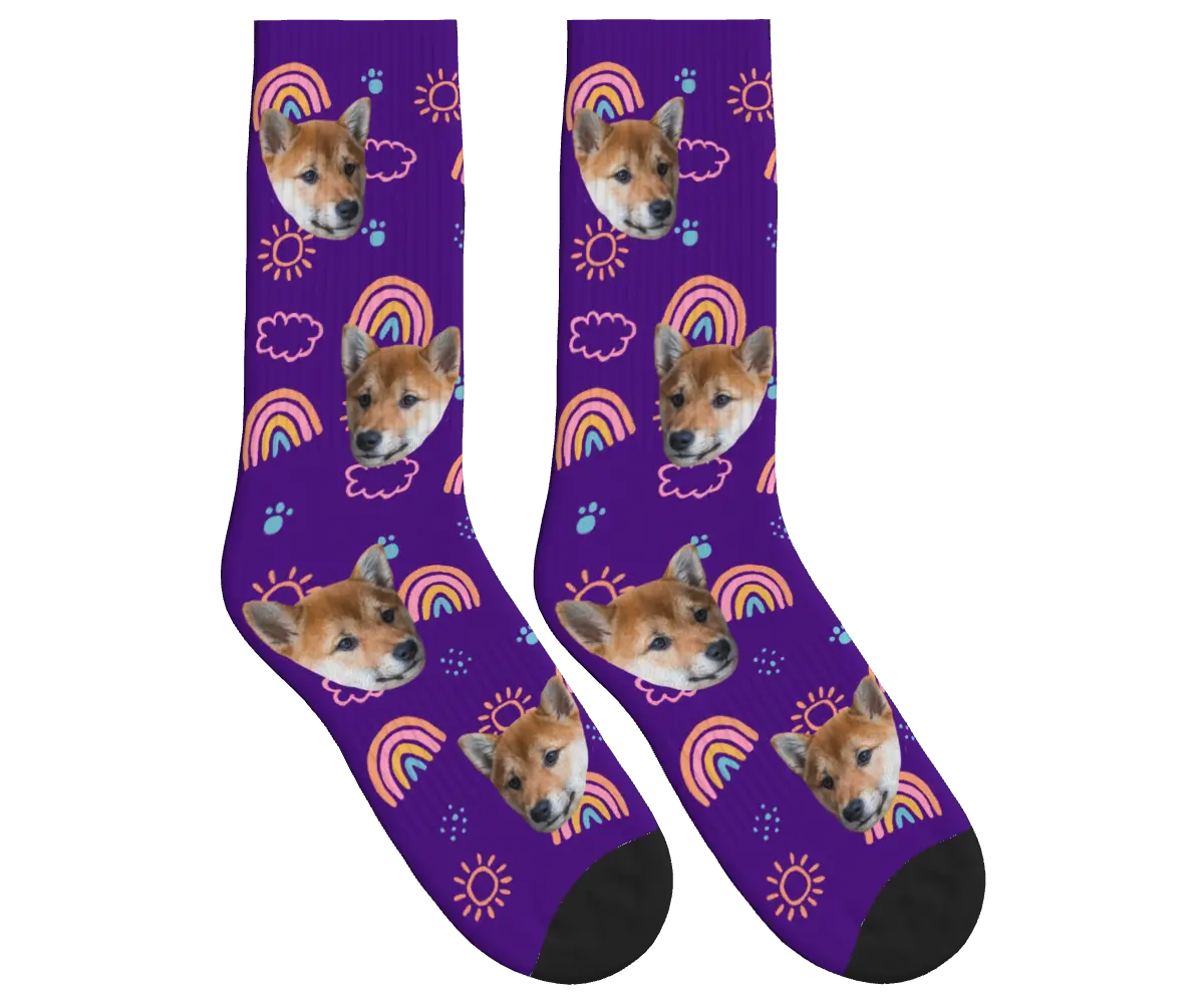 Puppy Face Socks with Rainbows, Sun & Clouds - Deep Purple / Crew Socks