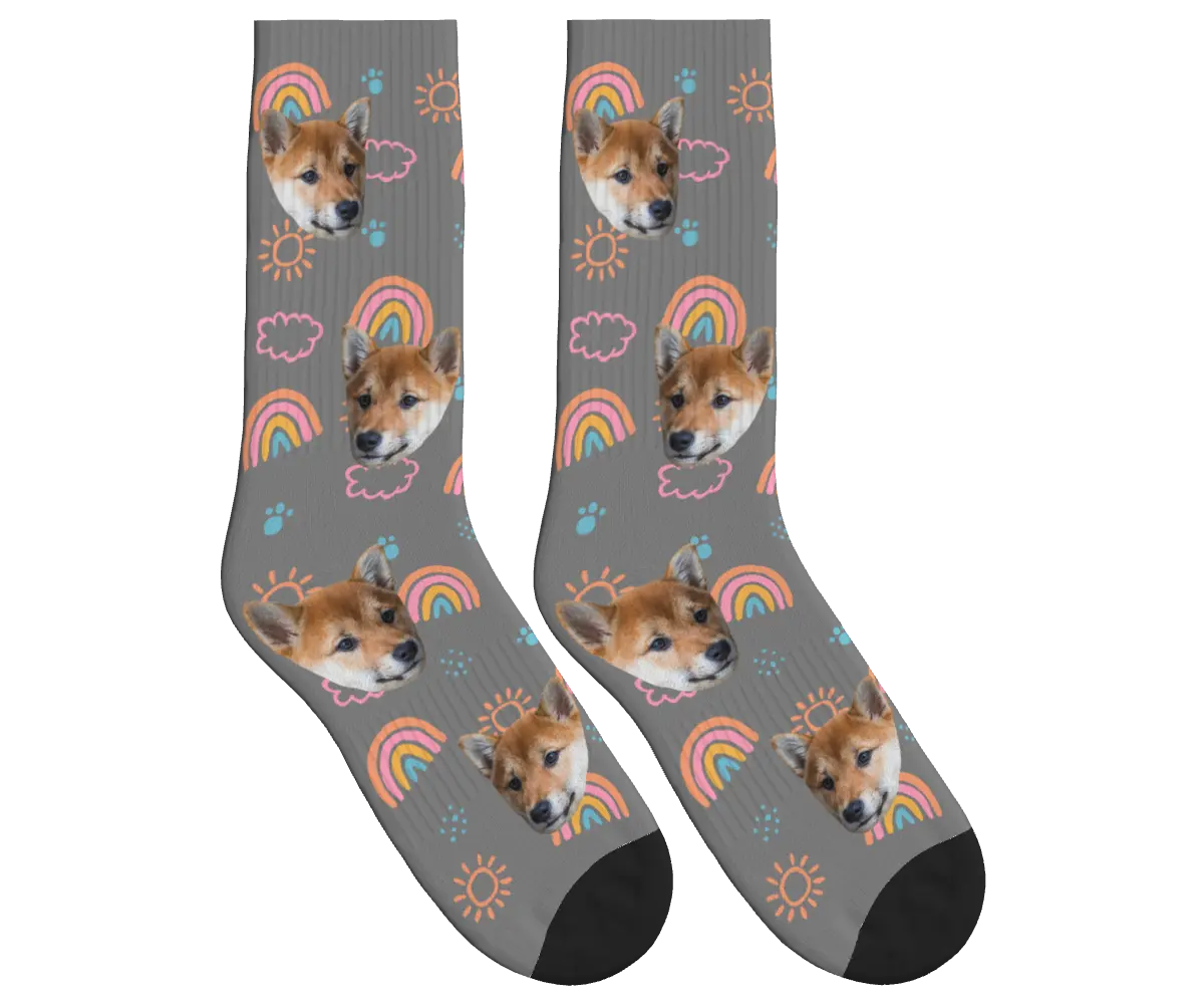 Puppy Face Socks with Rainbows, Sun & Clouds - Gray / Crew Socks