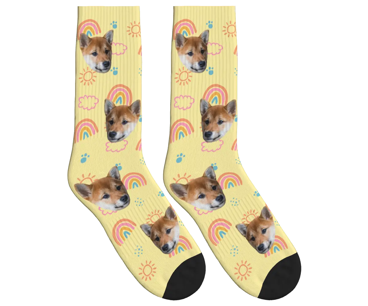 Puppy Face Socks with Rainbows, Sun & Clouds - Pale Yellow / Crew Socks