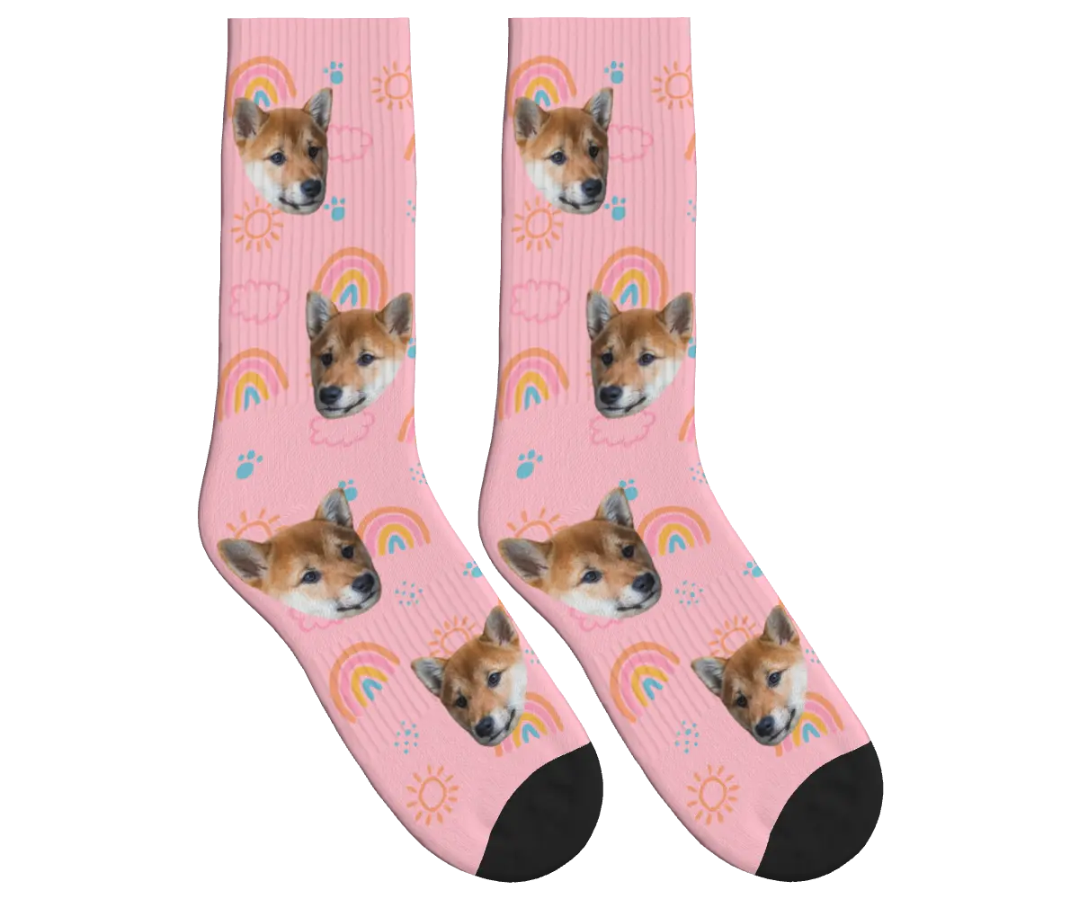 Puppy Face Socks with Rainbows, Sun & Clouds - Pink / Crew Socks