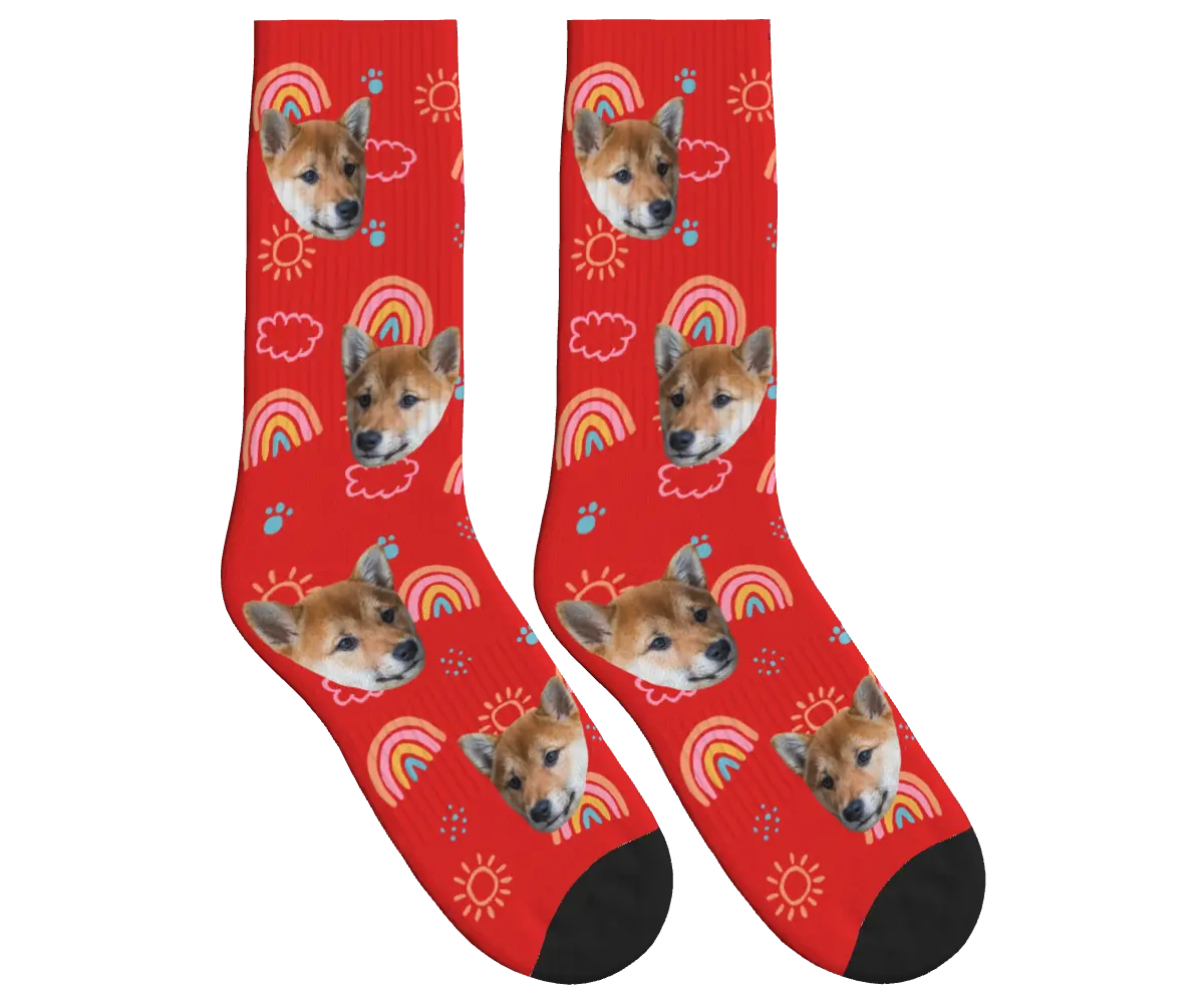 Puppy Face Socks with Rainbows, Sun & Clouds - Red / Crew Socks