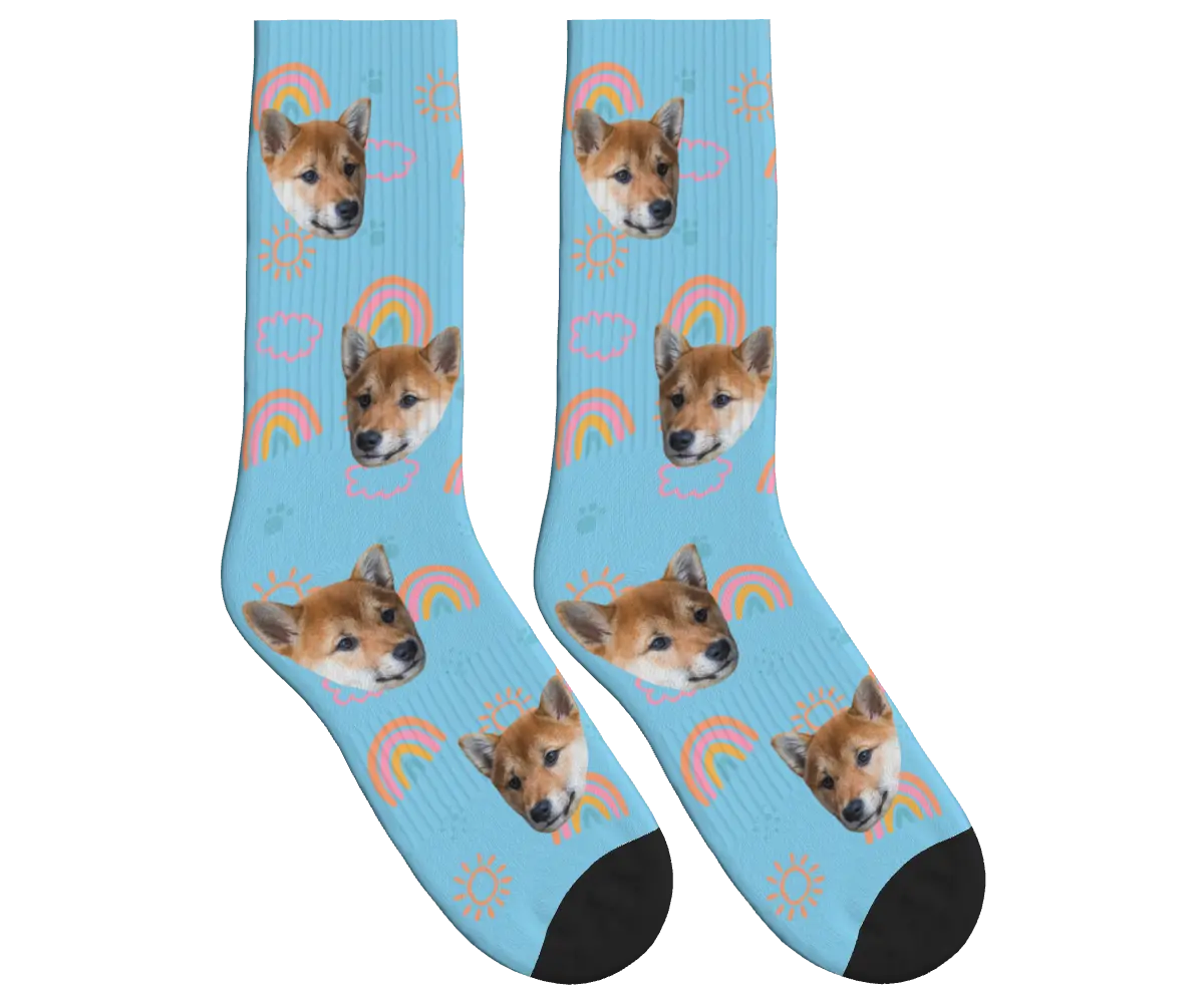 Puppy Face Socks with Rainbows, Sun & Clouds - Sky Blue / Crew Socks