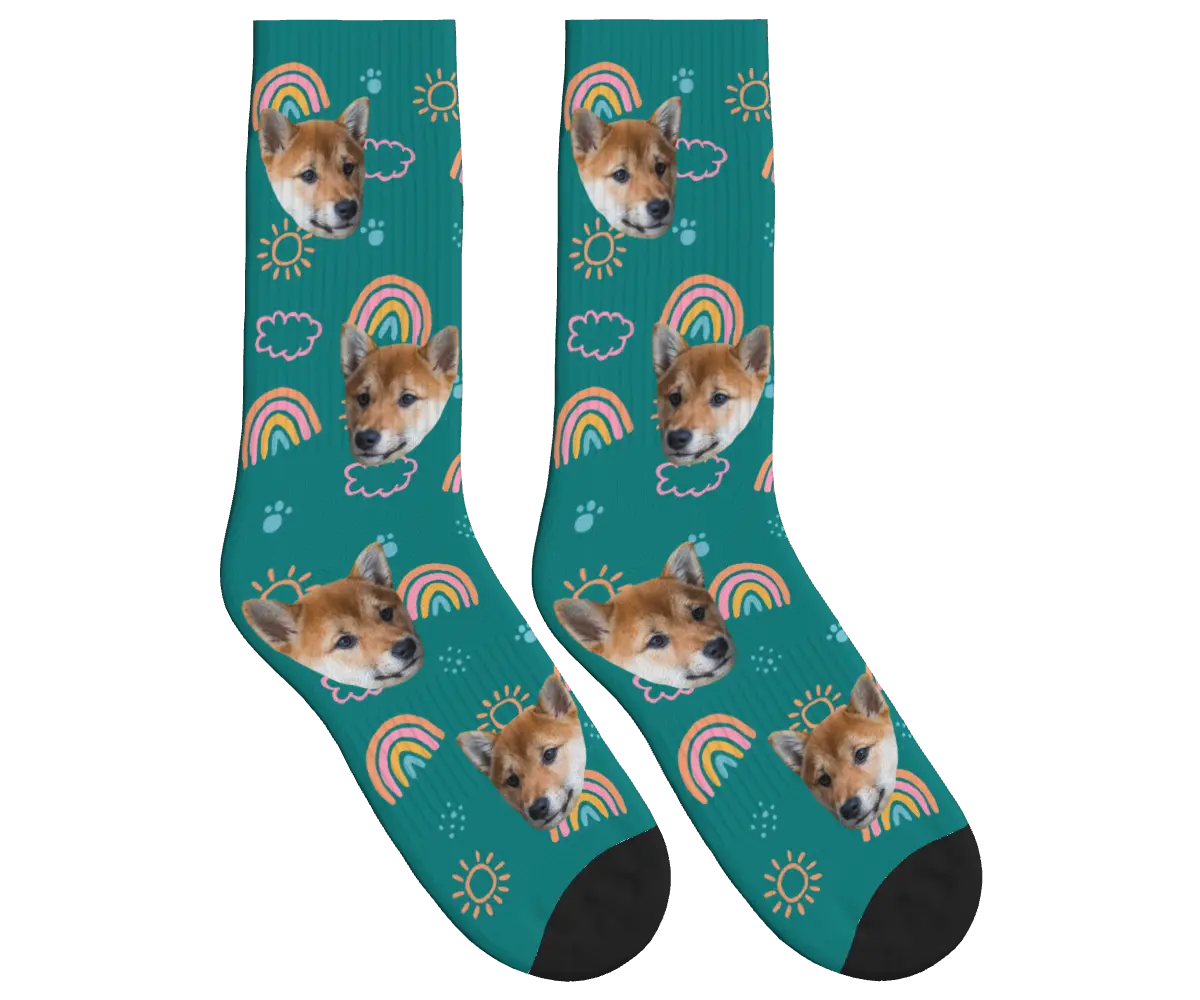 Puppy Face Socks with Rainbows, Sun & Clouds - Teal / Crew Socks