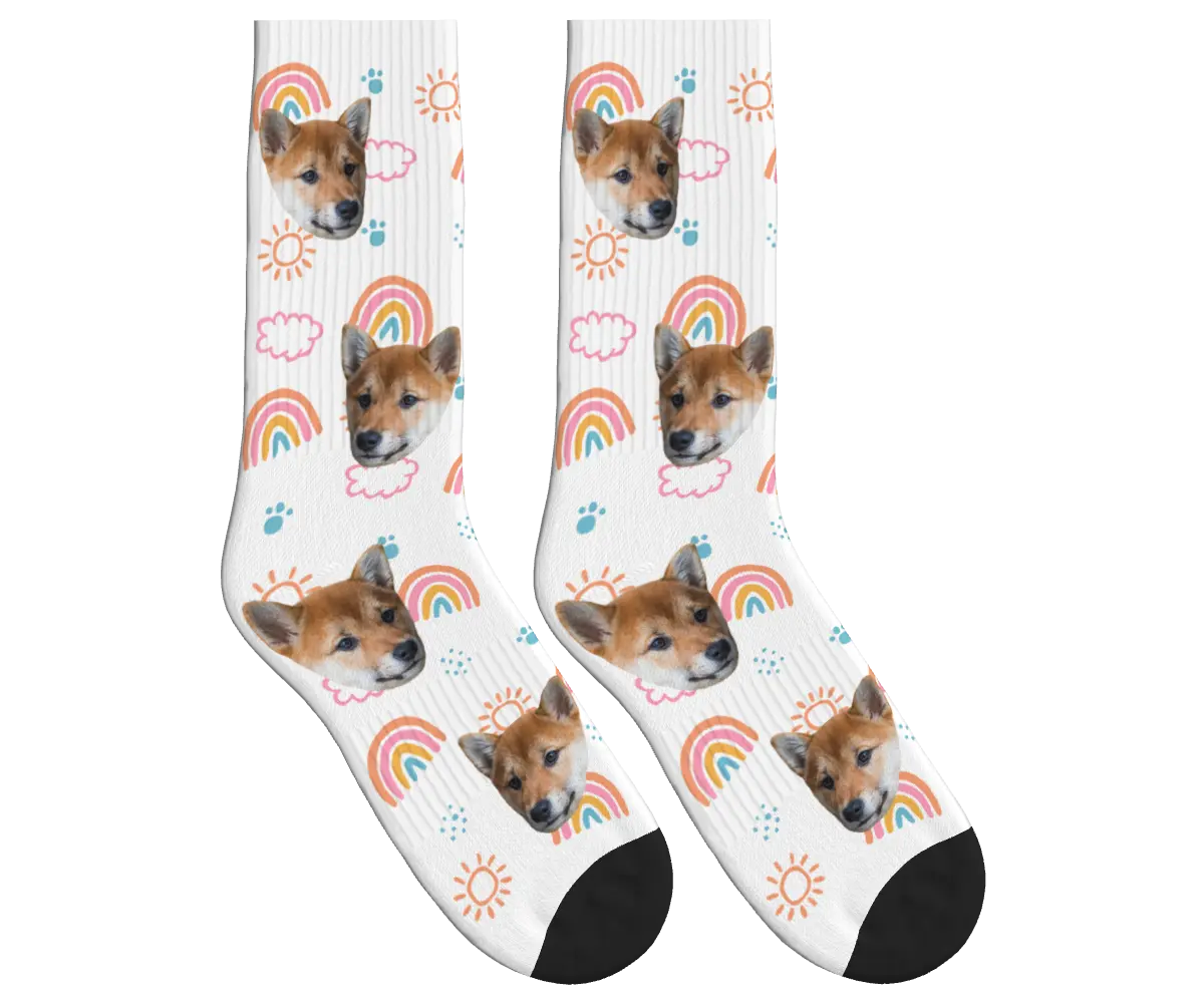 Puppy Face Socks with Rainbows, Sun & Clouds - White / Crew Socks