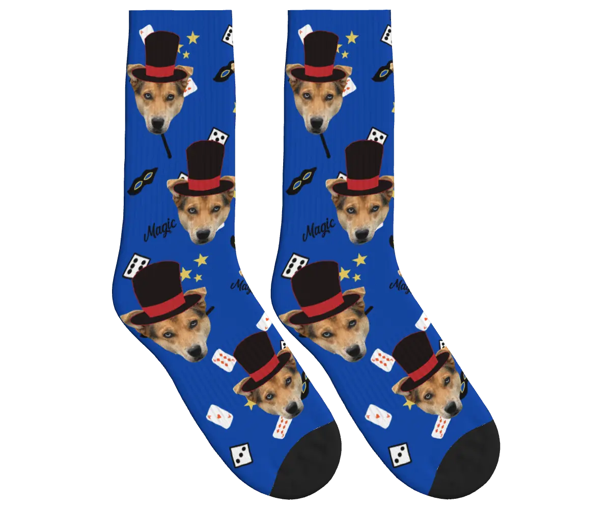 Puppy Magician Socks with Magic Elements - Cobalt Blue / Crew Socks