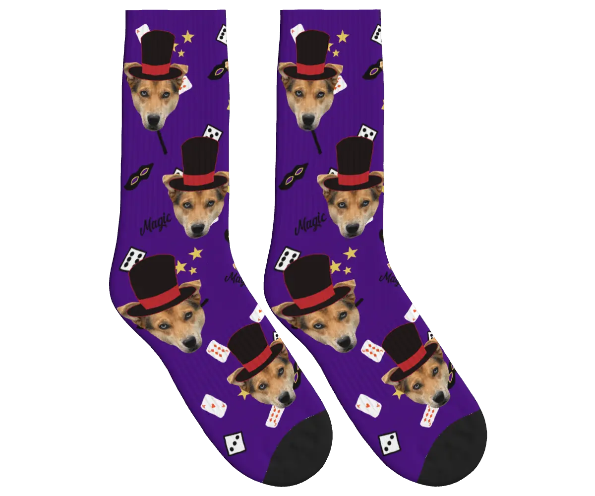 Puppy Magician Socks with Magic Elements - Deep Purple / Crew Socks