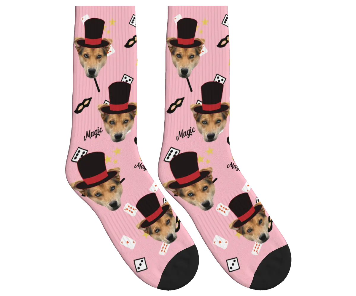 Puppy Magician Socks with Magic Elements - Pink / Crew Socks