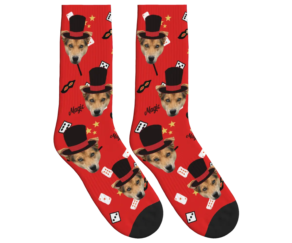 Puppy Magician Socks with Magic Elements - Red / Crew Socks