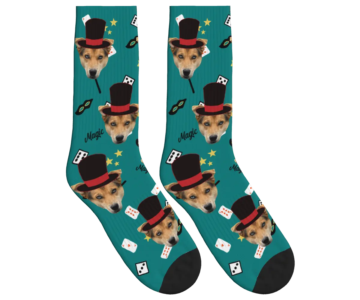Puppy Magician Socks with Magic Elements - Teal / Crew Socks