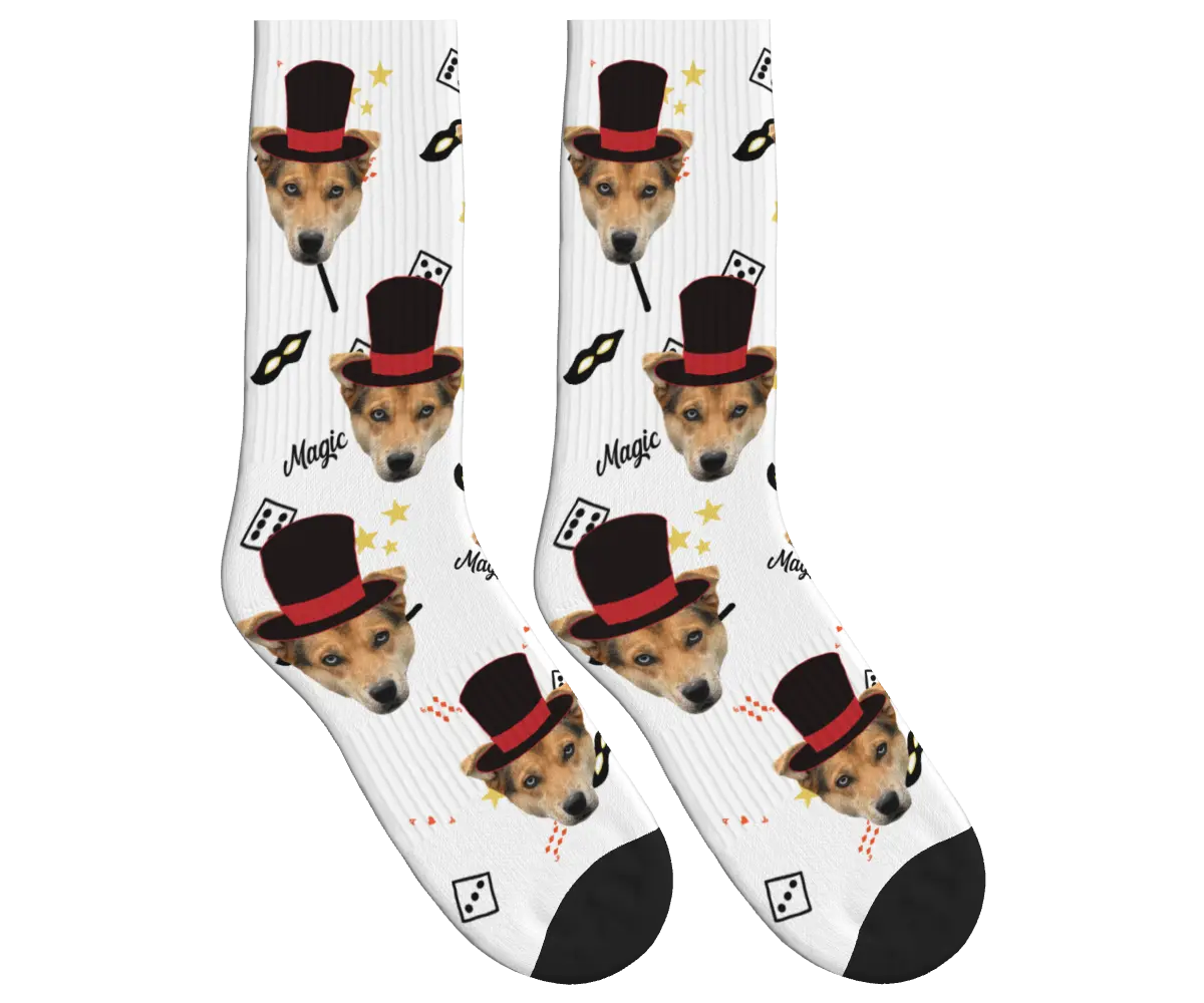 Puppy Magician Socks with Magic Elements - White / Crew Socks