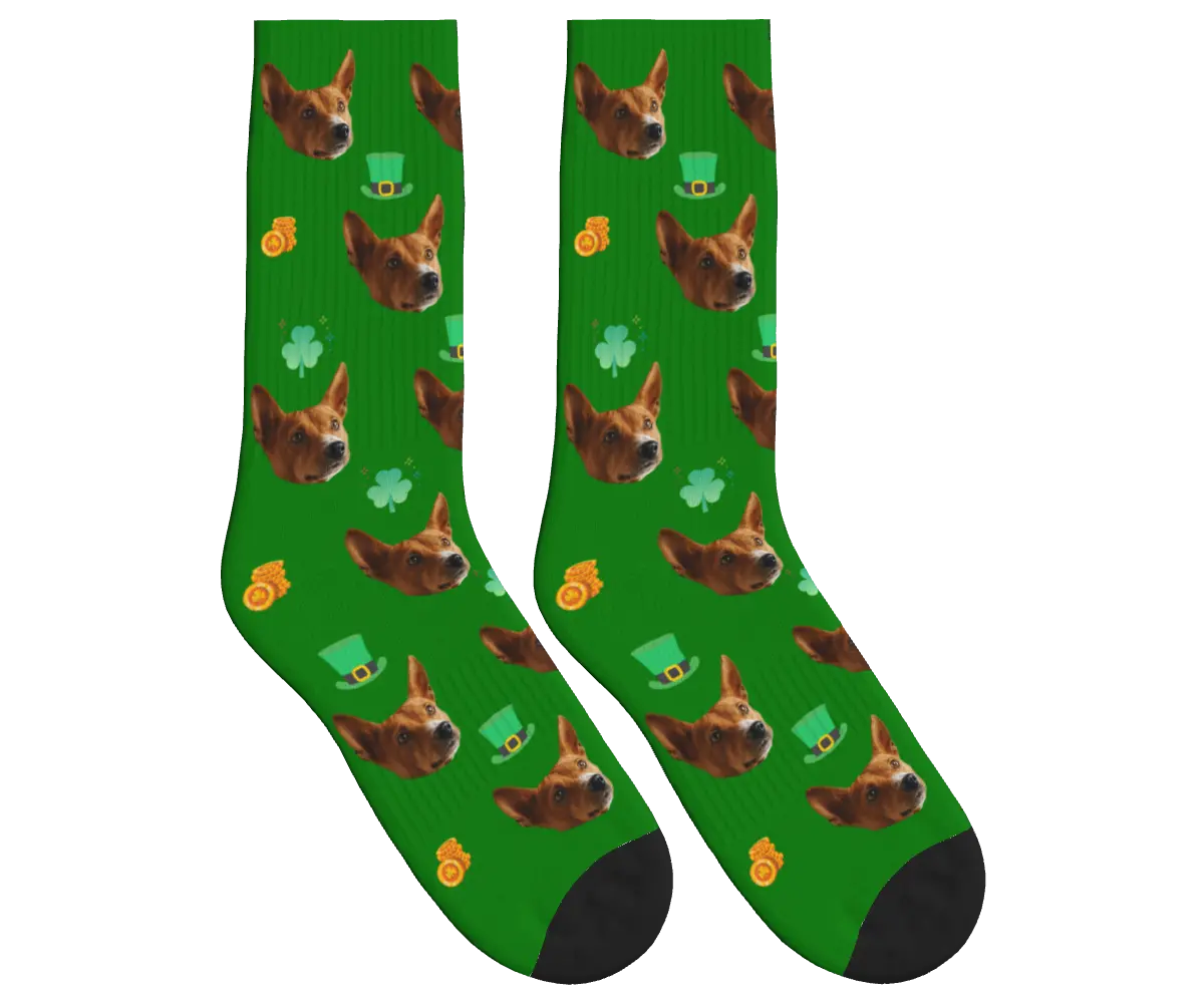 St. Patrick’s Day Socks with Dog Face, Clovers, Hats & Coins - Green / Crew Socks