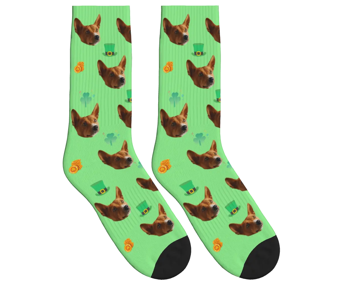 St. Patrick’s Day Socks with Dog Face, Clovers, Hats & Coins - Light Green / Crew Socks