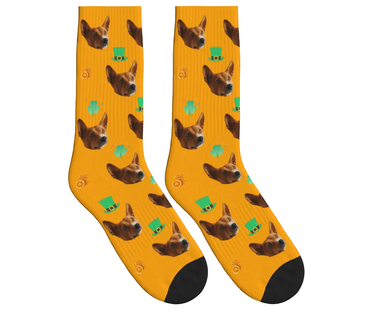St. Patrick’s Day Socks with Dog Face, Clovers, Hats & Coins - Orange / Crew Socks