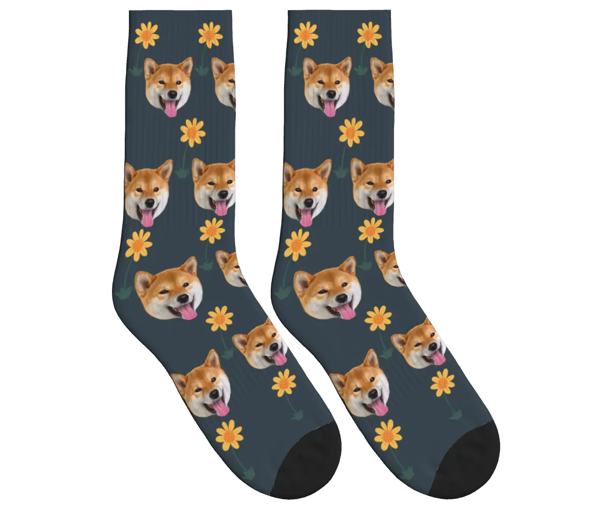 Sunflower & Dog Face Socks - Charcoal Gray / Crew Socks