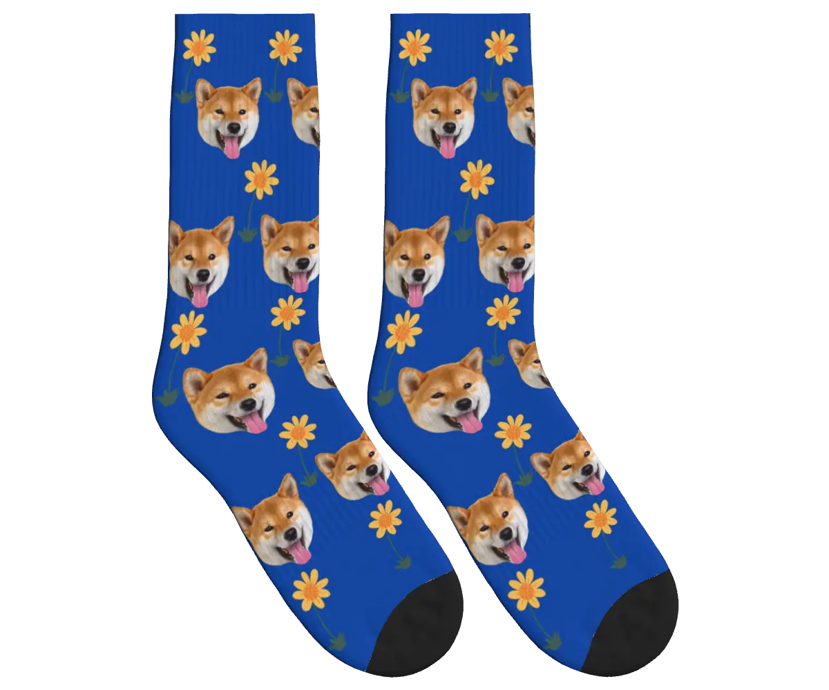 Sunflower & Dog Face Socks - Cobalt Blue / Crew Socks
