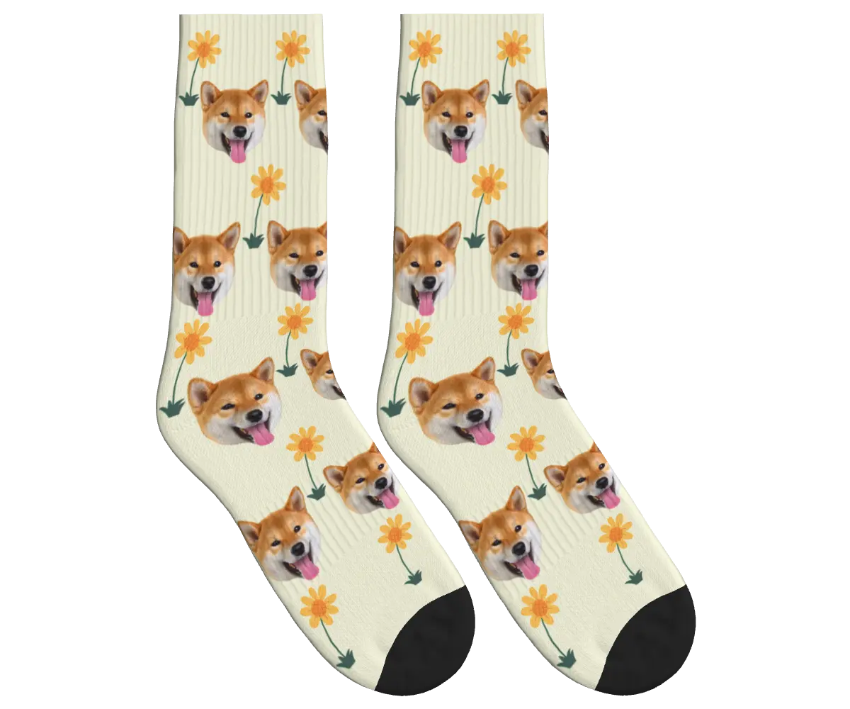 Sunflower & Dog Face Socks - Beige / Crew Socks