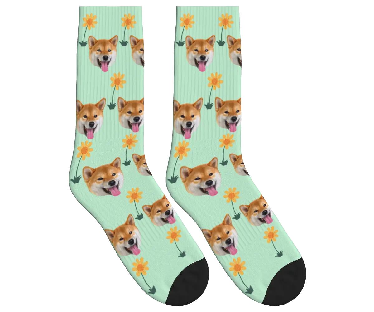 Sunflower & Dog Face Socks - Mint Green / Crew Socks