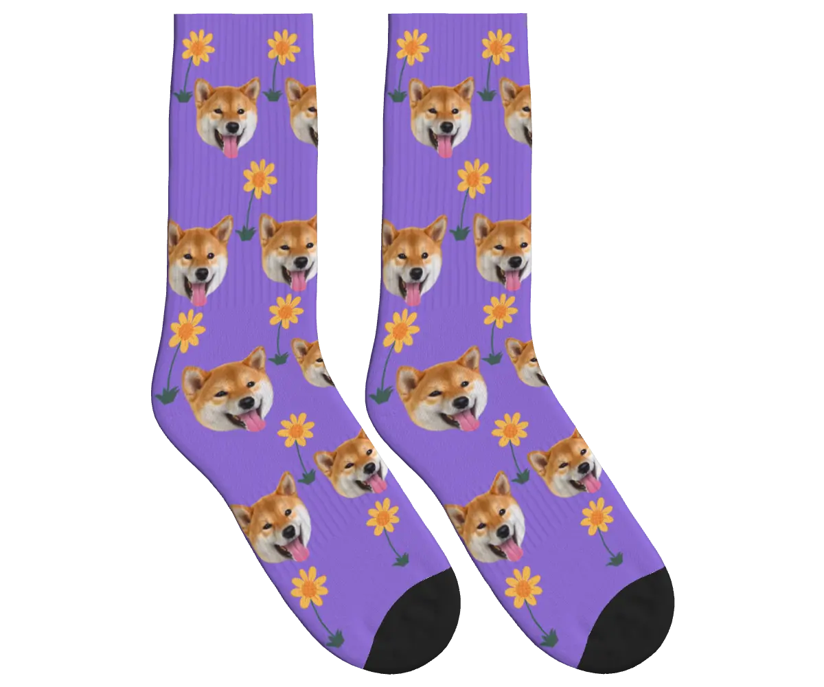 Sunflower & Dog Face Socks - Purple / Crew Socks