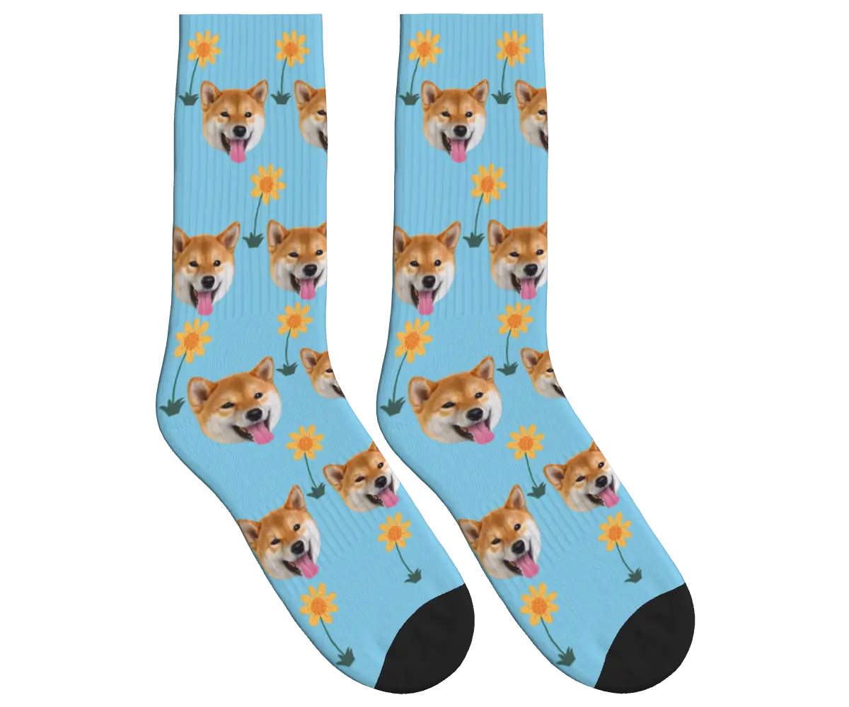 Sunflower & Dog Face Socks - Sky Blue / Crew Socks