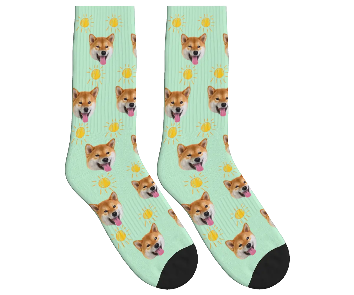 Suns & Dog Faces Socks - Mint Green / Crew Socks