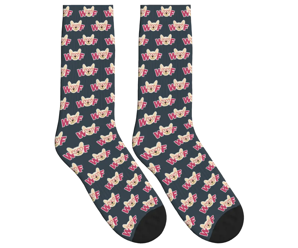 WOOF & Glasses Dog Pattern Socks - Charcoal Gray / Crew Socks