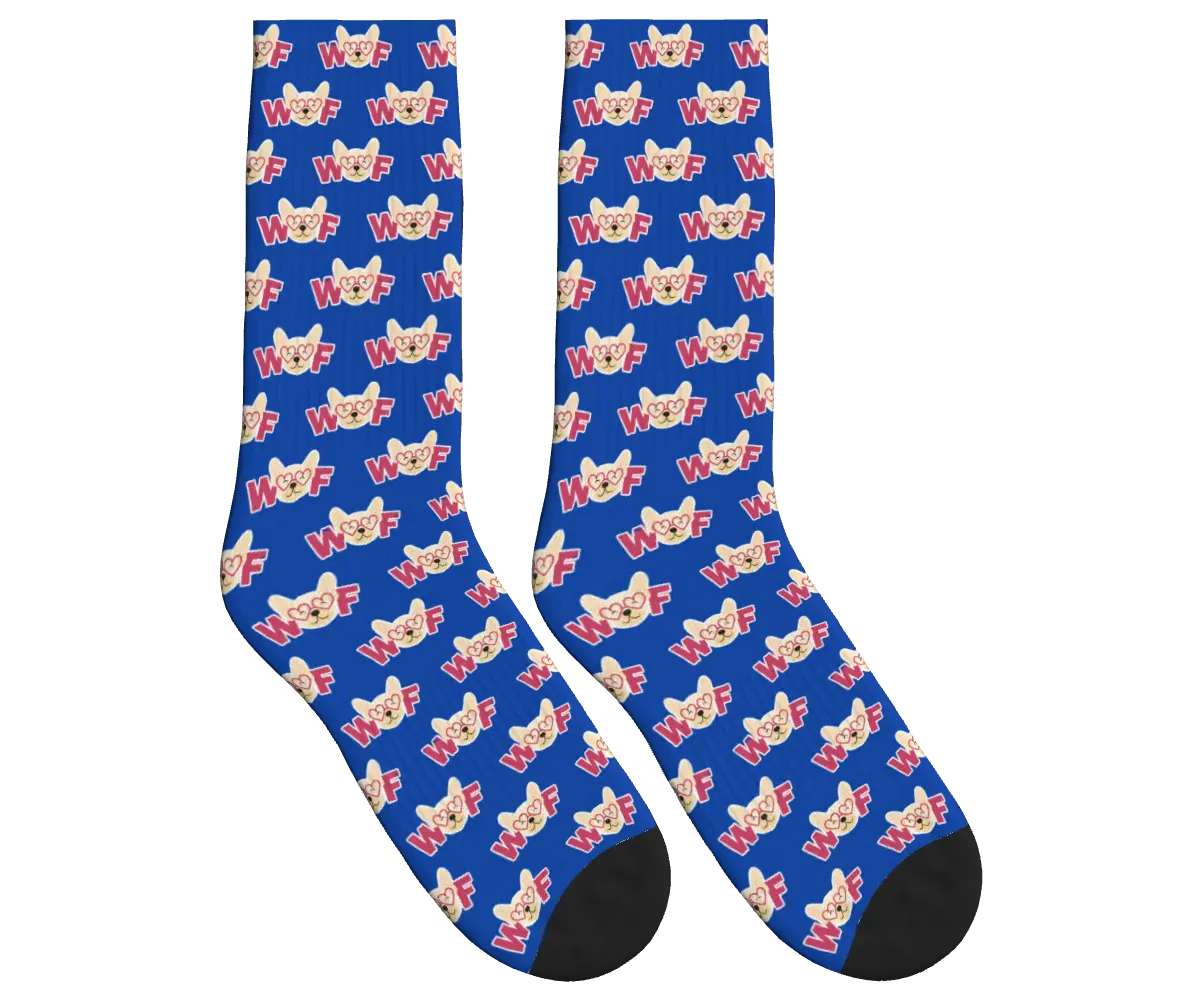 WOOF & Glasses Dog Pattern Socks - Cobalt Blue / Crew Socks