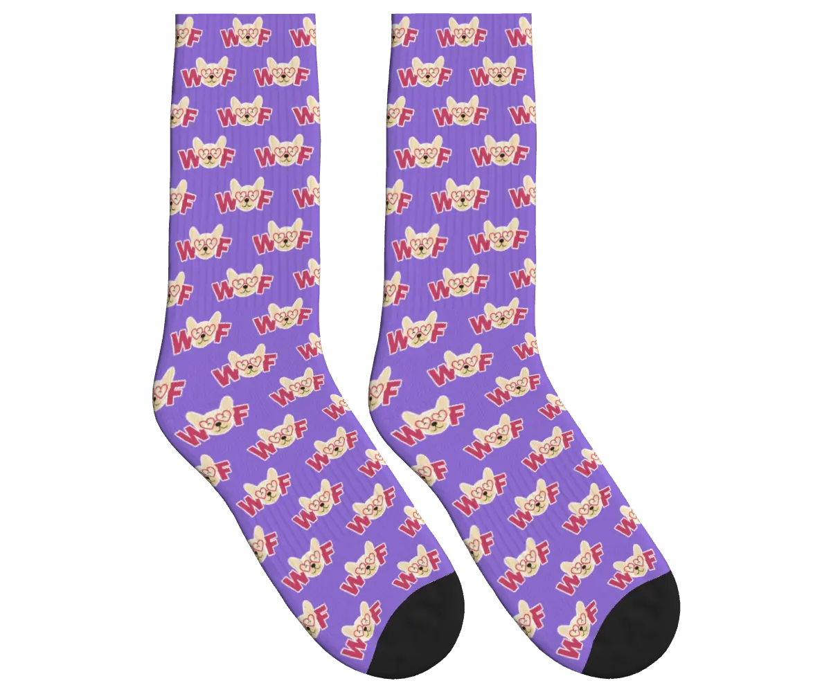 WOOF & Glasses Dog Pattern Socks - Purple / Crew Socks