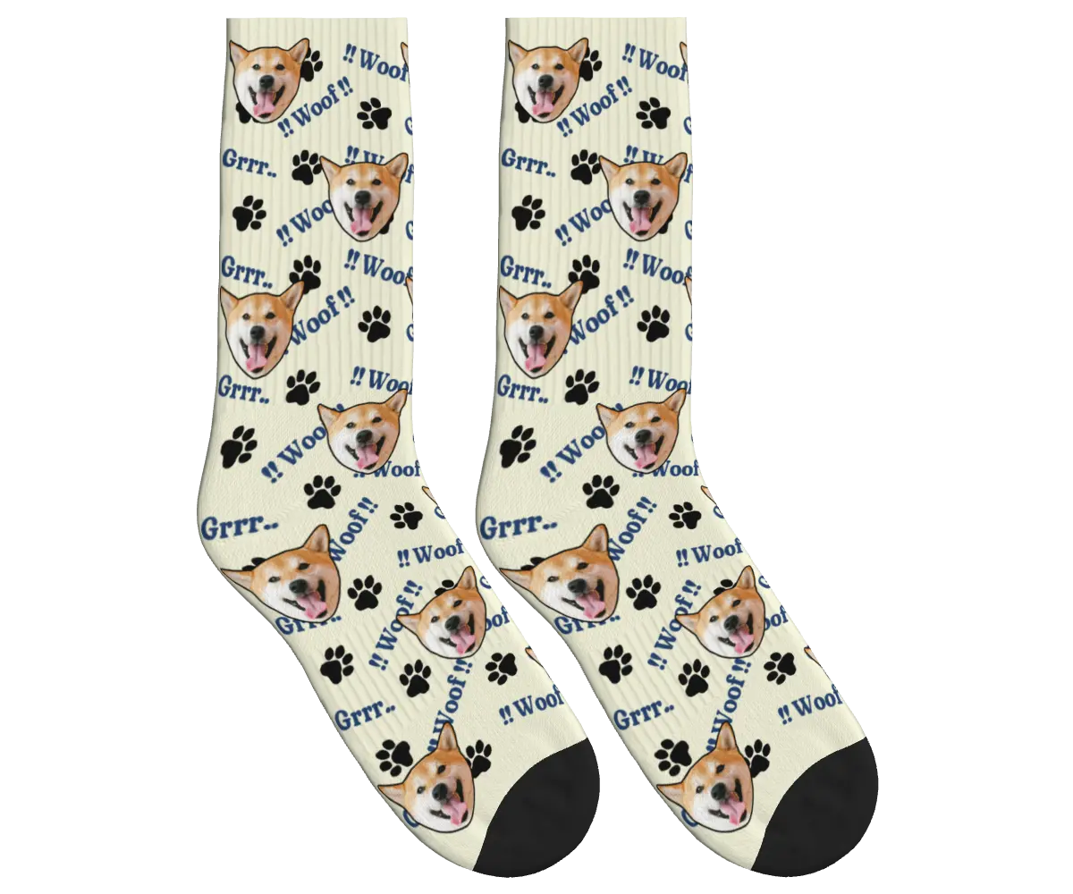 Woof!! Grrr.. Dog Face Socks with Fun Paw Patterns - Beige / Crew Socks