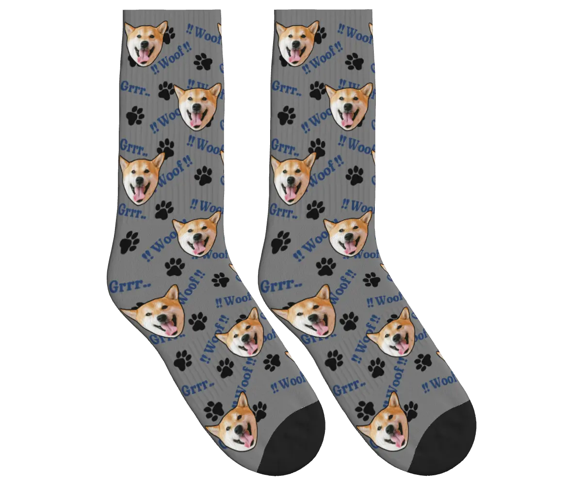 Woof!! Grrr.. Dog Face Socks with Fun Paw Patterns - Gray / Crew Socks