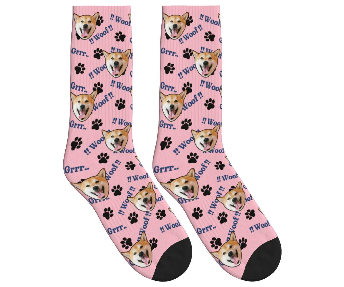 Woof!! Grrr.. Dog Face Socks with Fun Paw Patterns - Pink / Crew Socks